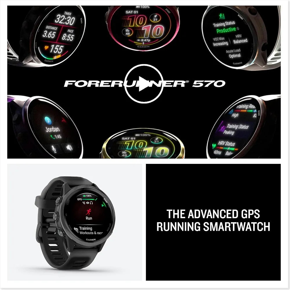 Garmin® Forerunner® 570, 42mm, Advanced GPS Running and Triathlon Smartwatch, AMOLED Display, Training and Recovery Features, Slate Gray Aluminum with Translucent Black/Black Band