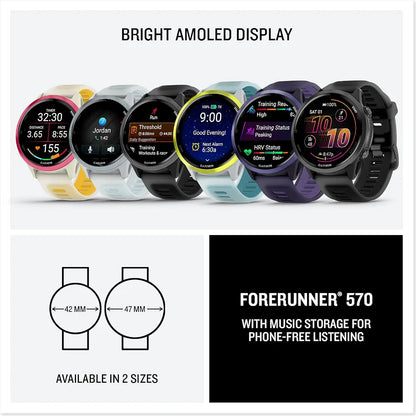 Garmin® Forerunner® 570, 42mm, Advanced GPS Running and Triathlon Smartwatch, AMOLED Display, Training and Recovery Features, Slate Gray Aluminum with Translucent Black/Black Band