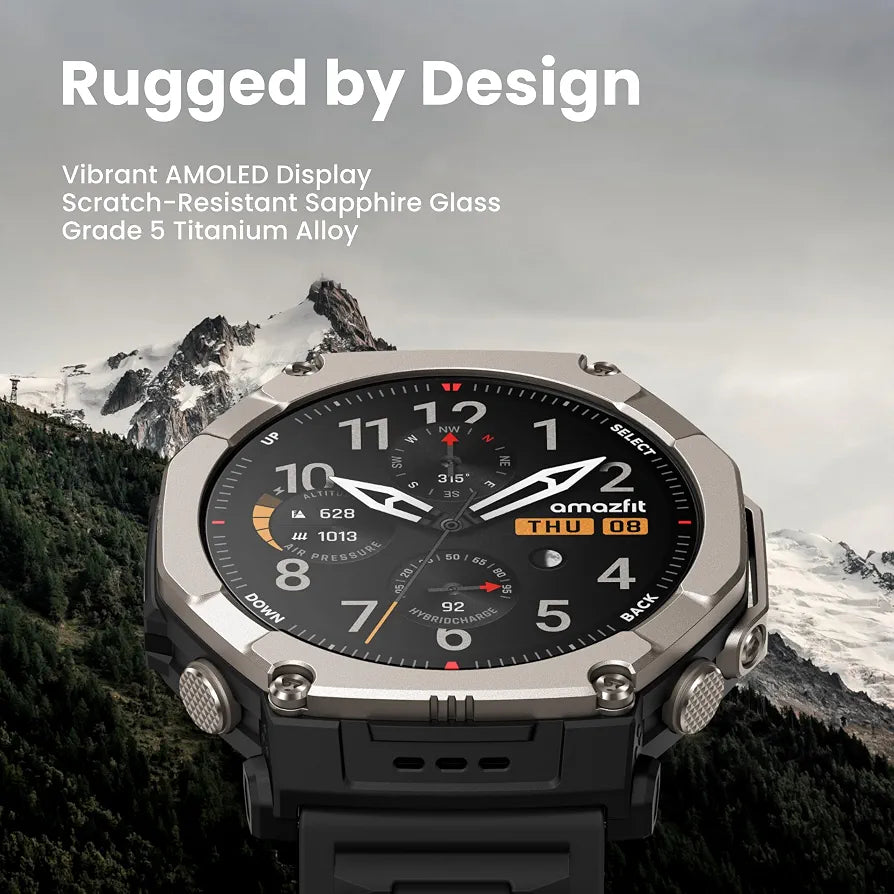 Amazfit T-Rex Ultra 2 Dual-Band GPS Outdoor Smart Watch, 51mm Ti Body, 1.5" Sapphire AMOLED Display, Flashlight, 30 Days of Battery, Offline Maps, 10 ATM, 180+ Sports Mode for Android & iPhone, Black